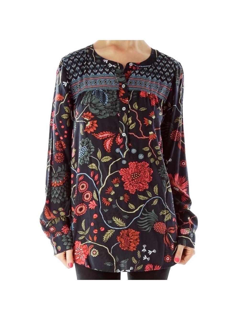Loft Blouse XS Red Henley Floral 1/2 Button